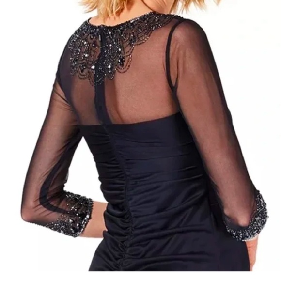 Alex Evenings Illusion Embellished 3/4 Sleeve Ruched A-Line Gown in Dark Navy - Picture 4 of 9